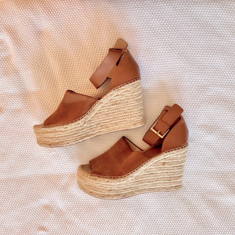 MARC FISHER Adalyn Espadrille Wedge Sandal Tan Leather Sandals Women’s Shoes